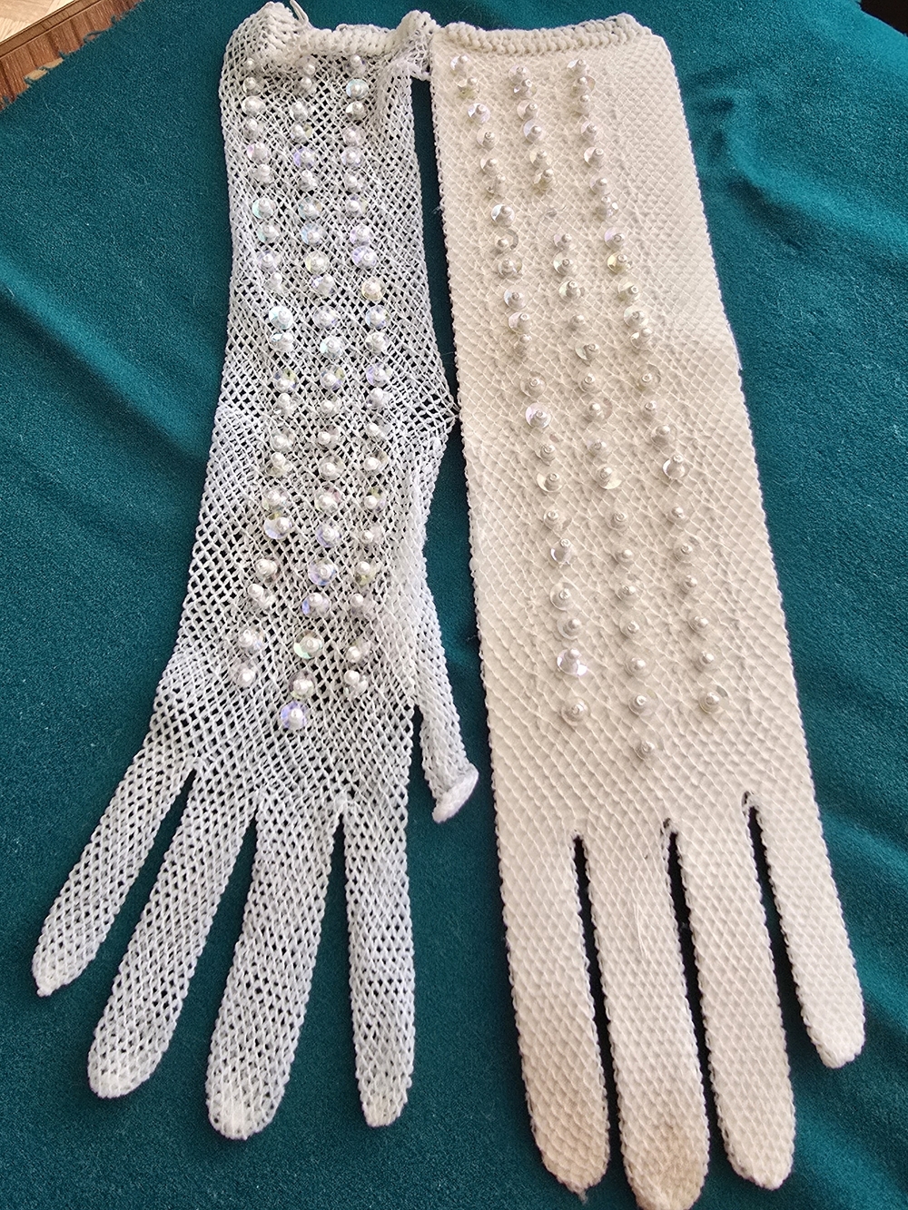 Vintage Sequin & Faux Pearl Long Opera Gloves, Cream Mesh / Fishnet